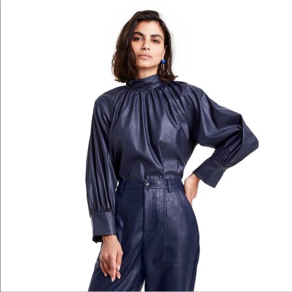 Rachel Comey x Target Navy Long Sleeve Faux Leather Tie Back Top.